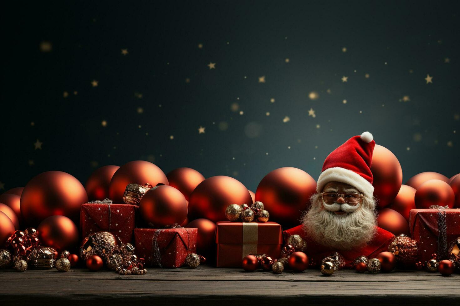 Ai Generative Christmas banner with copy space for text, santa claus celebrate with giftboxes, fir tree branches and red ornaments, dark color background photo