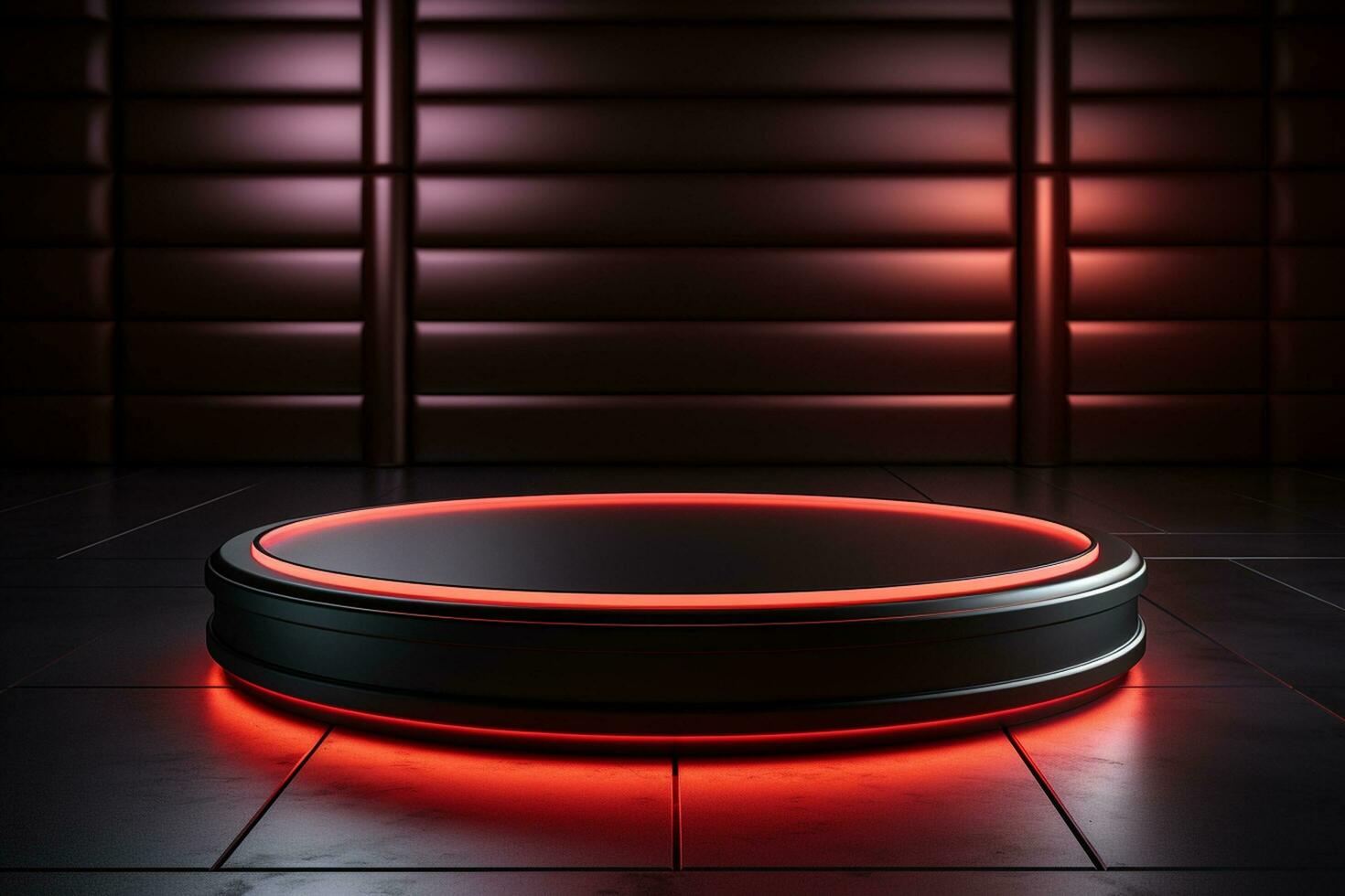 Ai Generated photo red light round podium and black background for mock up realistic image