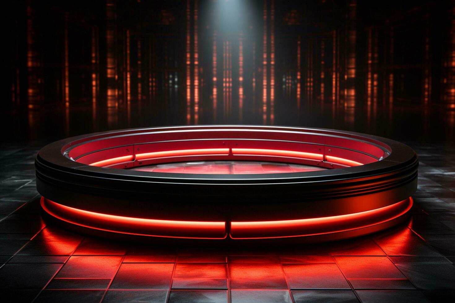Ai Generated photo red light round podium and black background for mock up realistic image