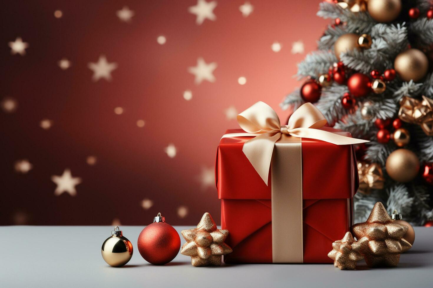 Ai Generative Background of christmas tree and red gift box on a christmas empty background with copy space photo