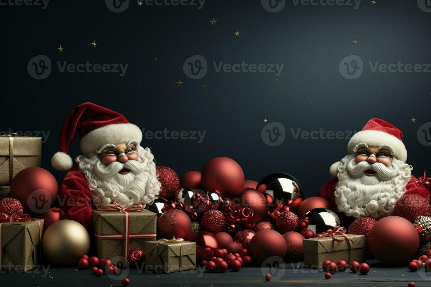 Ai Generative Christmas banner with copy space for text, santa claus celebrate with giftboxes, fir tree branches and red ornaments, dark color background photo