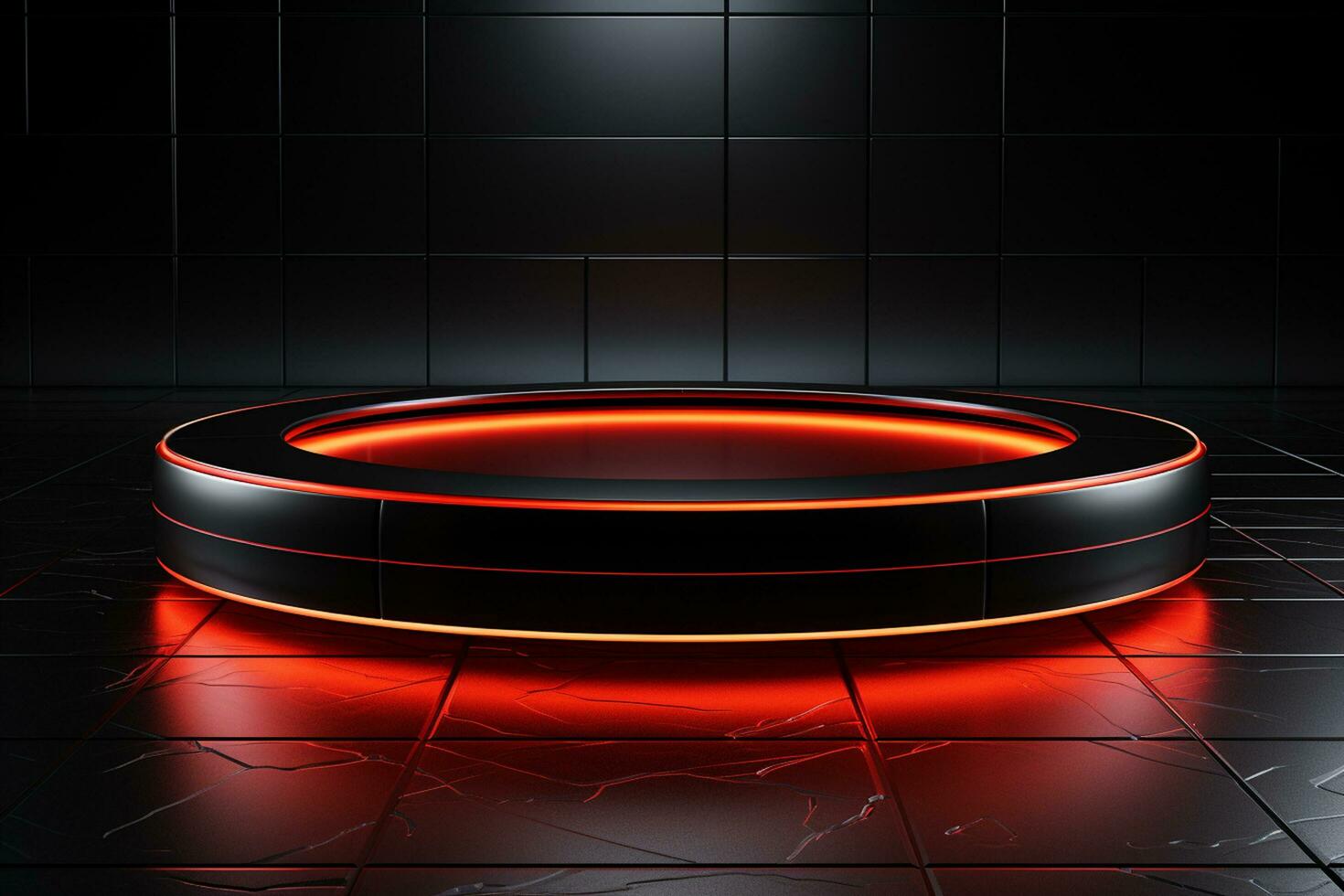 Ai Generated photo red light round podium and black background for mock up realistic image