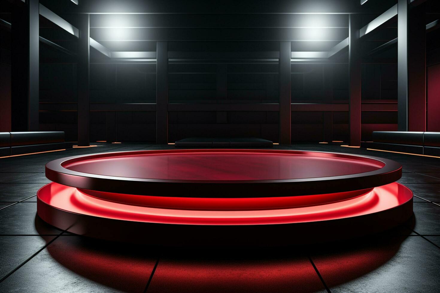 Ai Generated photo red light round podium and black background for mock up realistic image