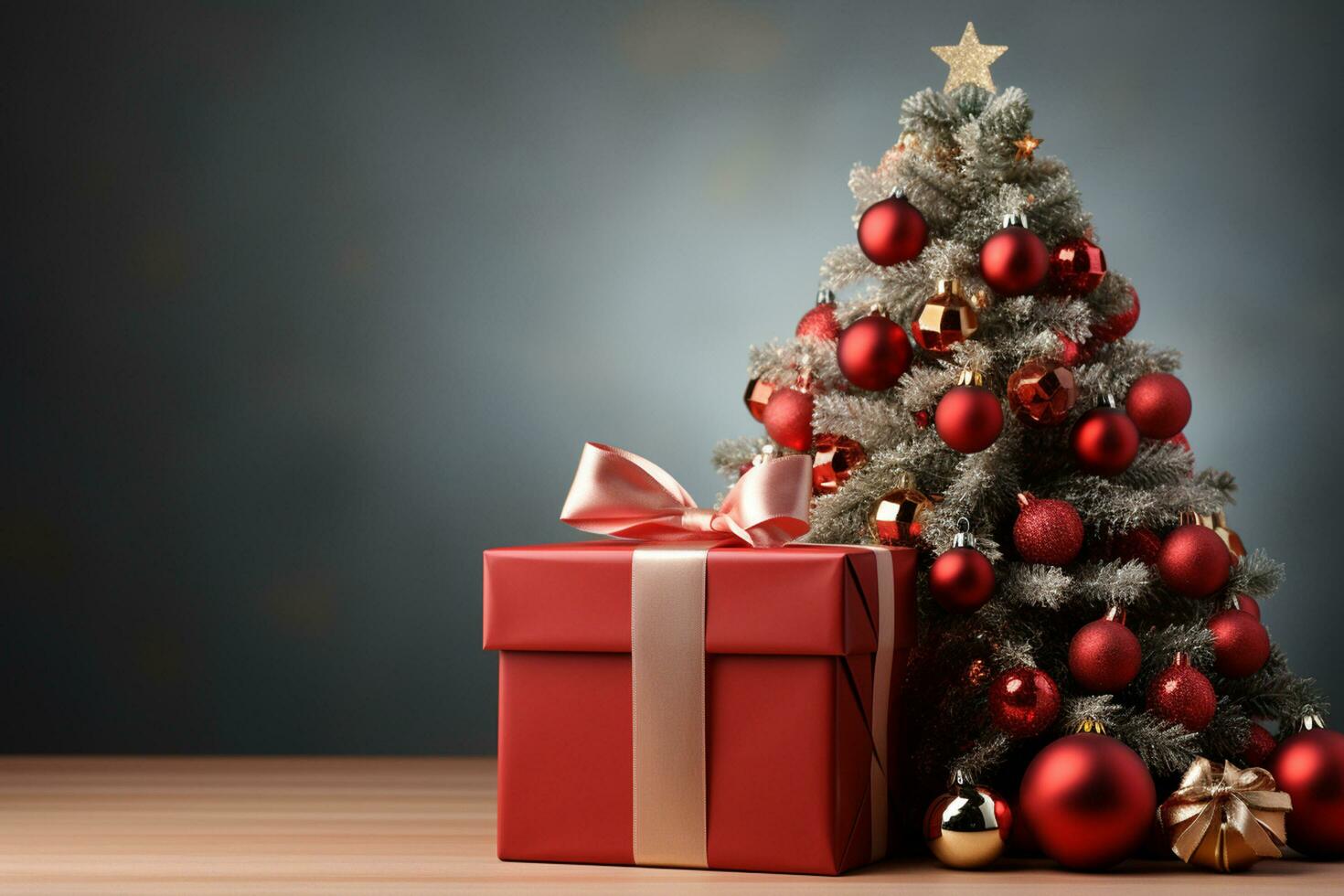Ai Generative Background of christmas tree and red gift box on a christmas empty background with copy space photo