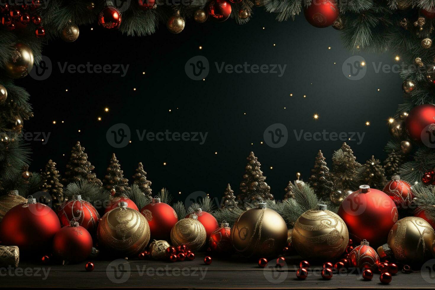 Ai Generative Christmas banner with copy space for text, santa claus celebrate with giftboxes, fir tree branches and red ornaments, dark color background photo