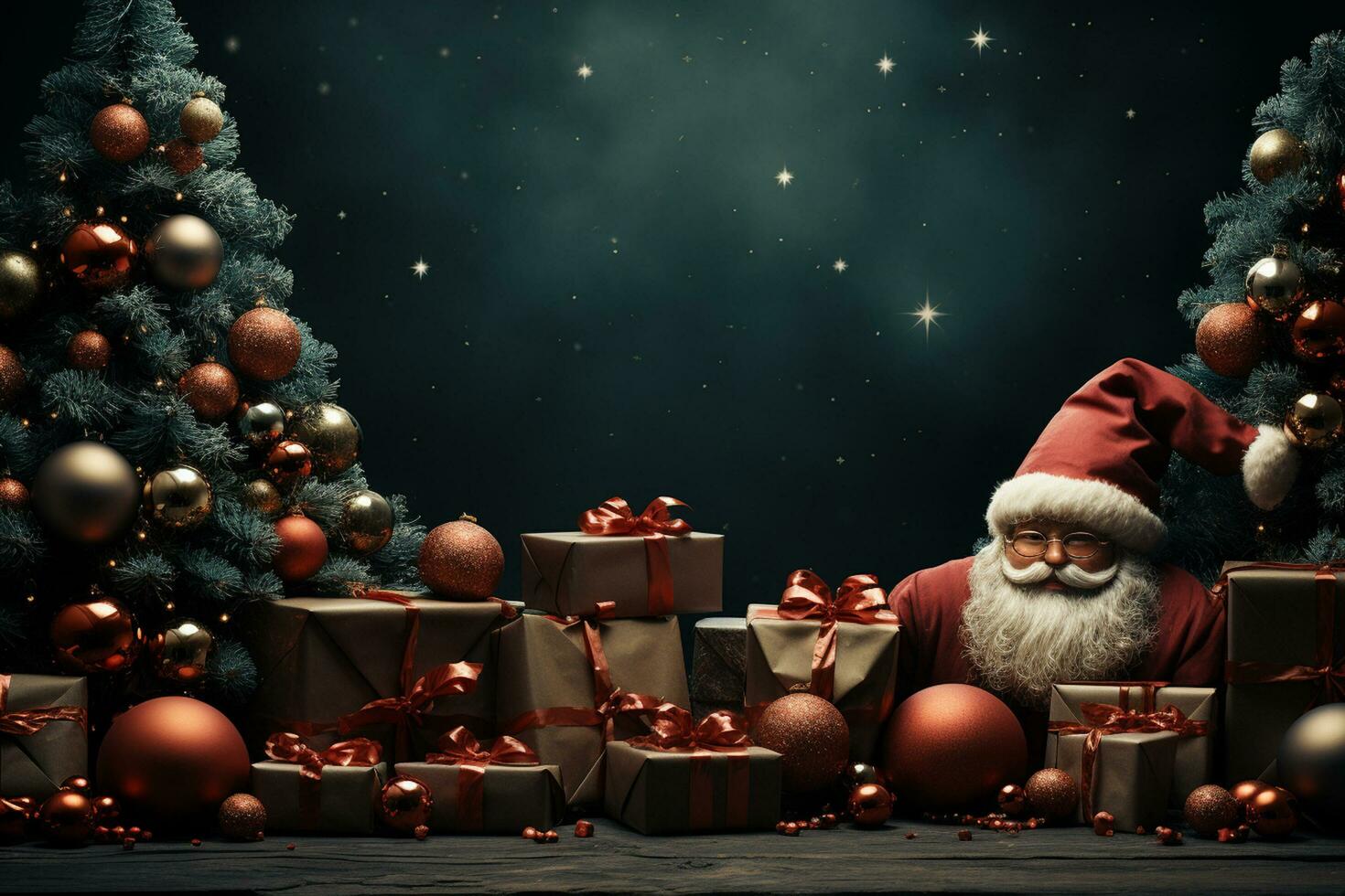Ai Generative Christmas banner with copy space for text, santa claus celebrate with giftboxes, fir tree branches and red ornaments, dark color background photo