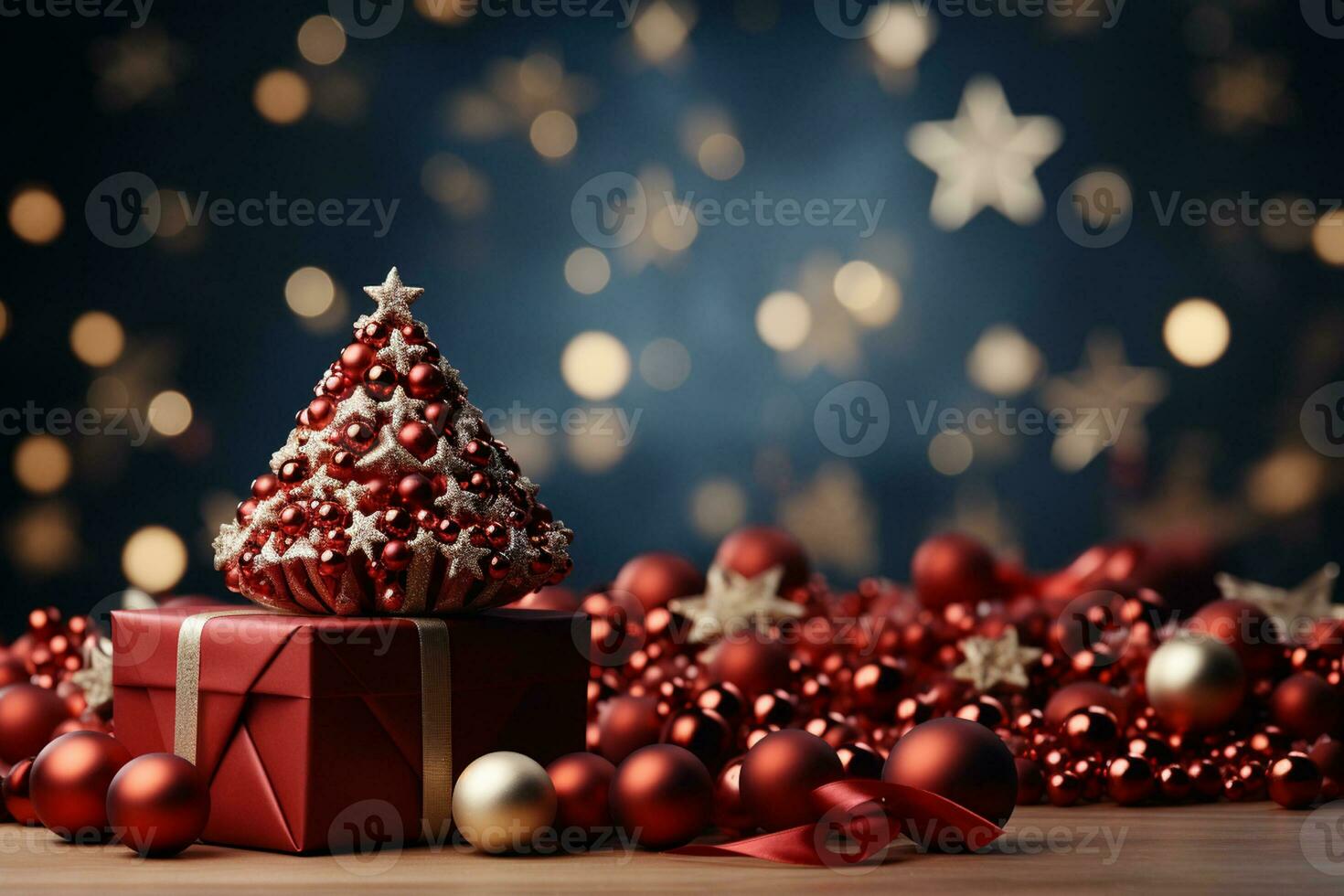 Ai Generative Background of christmas tree and red gift box on a christmas empty background with copy space photo