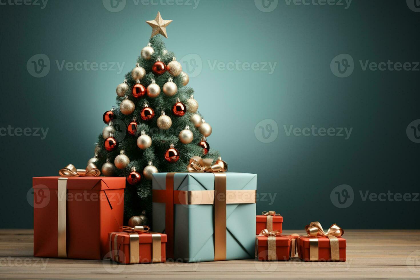 Ai Generative Background of christmas tree and red gift box on a christmas empty background with copy space photo