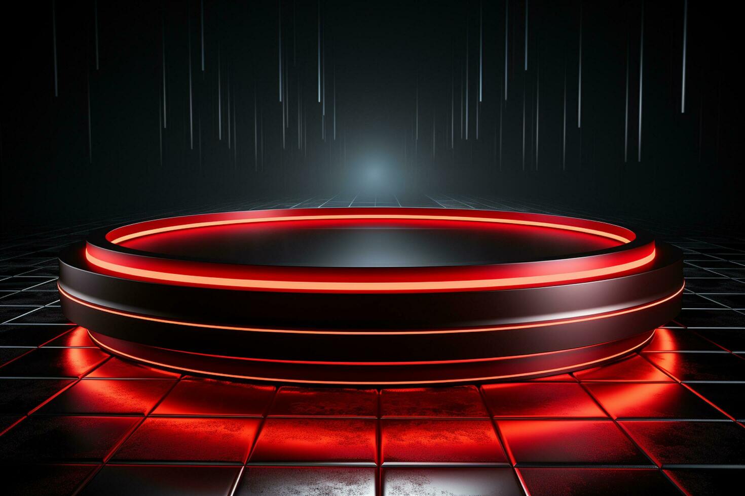 Ai Generated photo red light round podium and black background for mock up realistic image