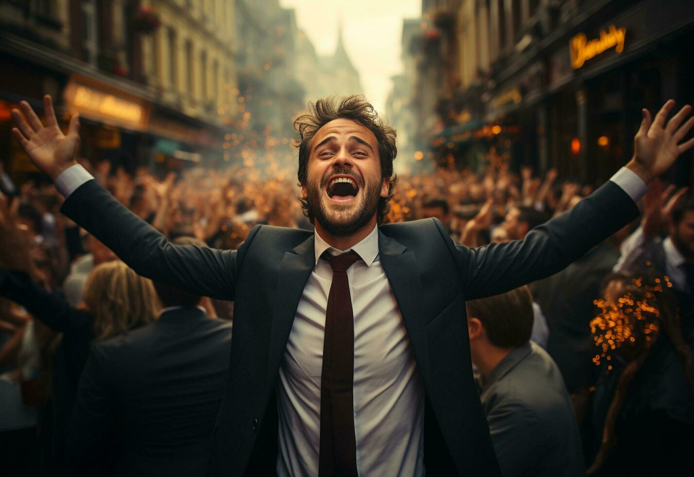 Ai Genetative man in a suit is celebrating success in the street photo