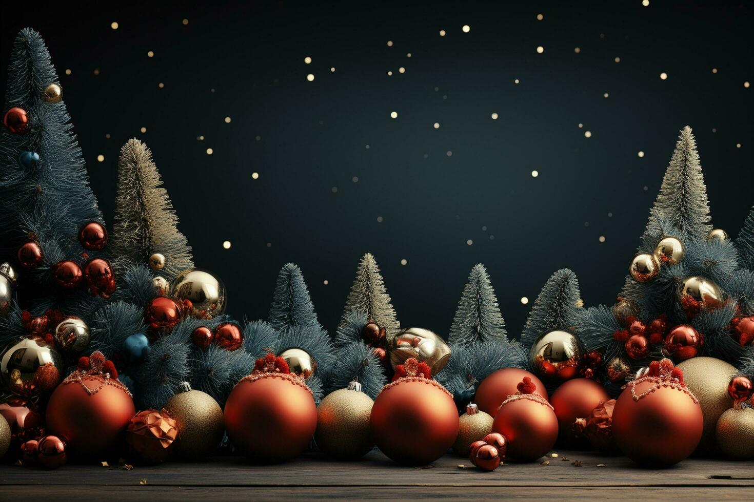 ai generativo Navidad bandera con Copiar espacio para texto, Papa Noel claus celebrar con cajas de regalo, abeto árbol ramas y rojo adornos, oscuro color antecedentes foto