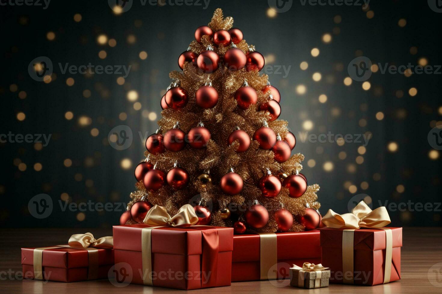 Ai Generative Background of christmas tree and red gift box on a christmas empty background with copy space photo