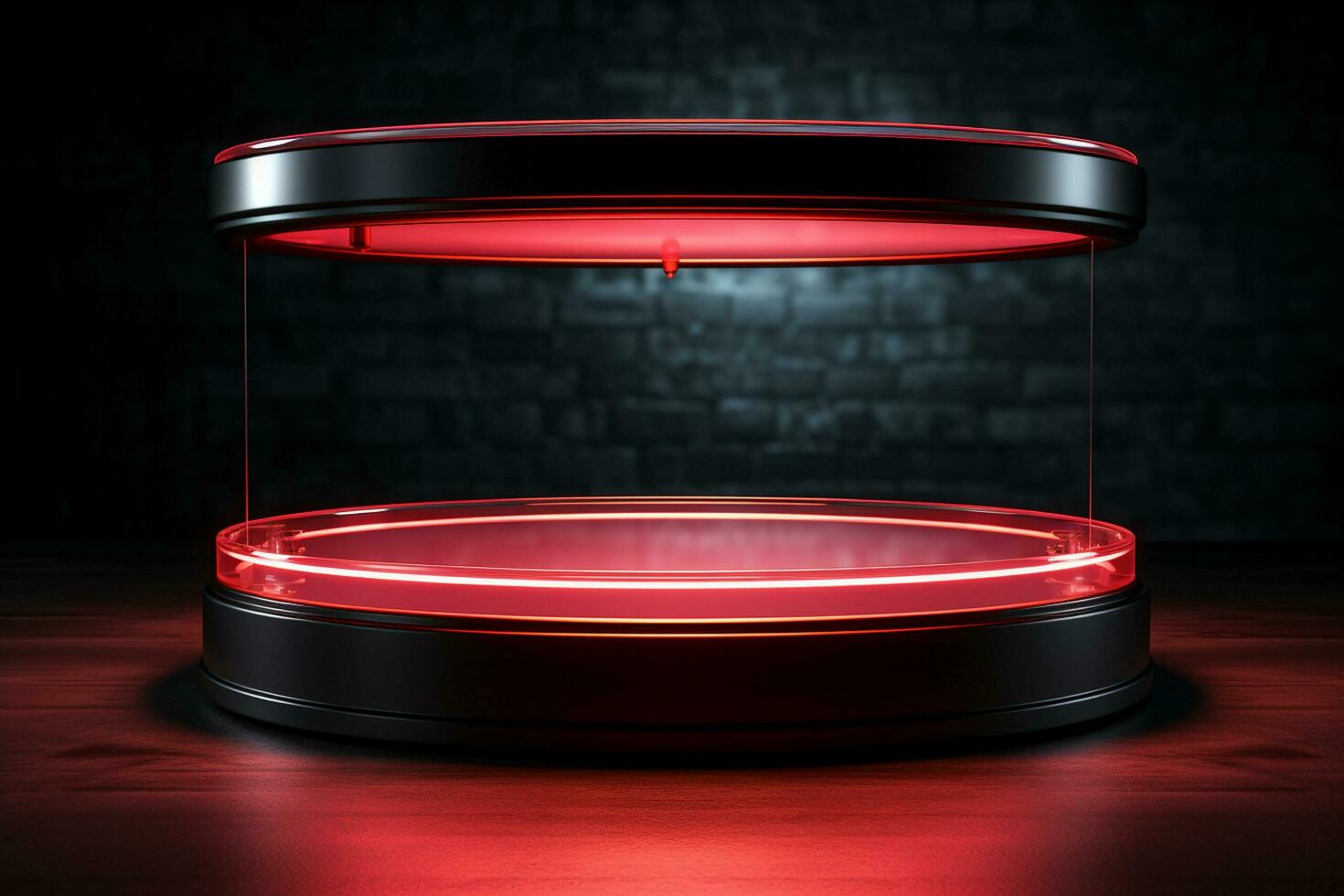 Ai Generated photo red light round podium and black background for mock up realistic image