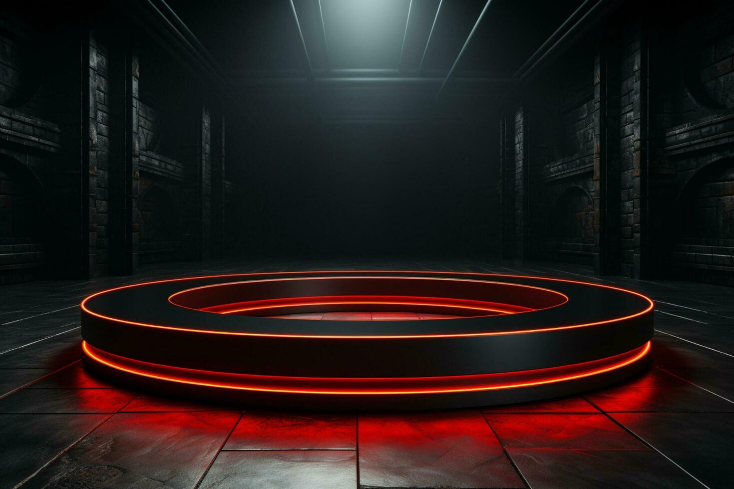 Ai Generated photo red light round podium and black background for mock up realistic image