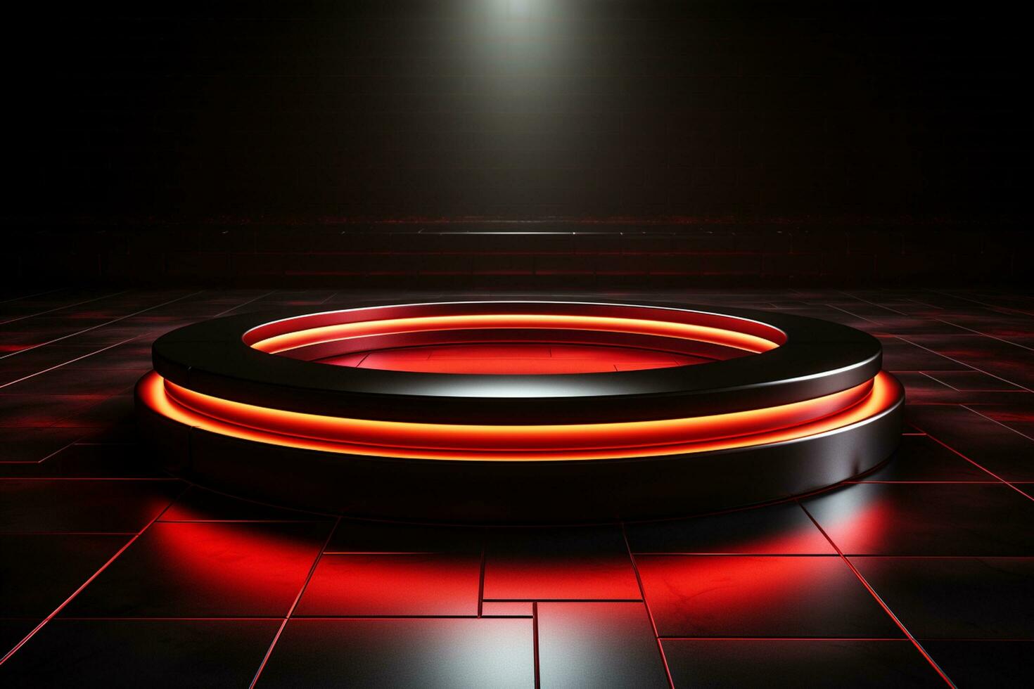 Ai Generated photo red light round podium and black background for mock up realistic image