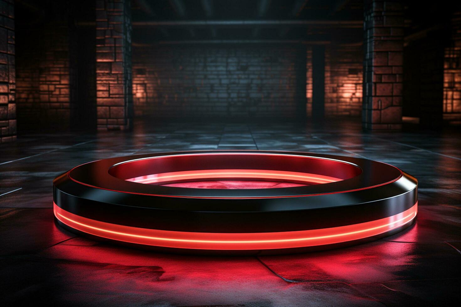 Ai Generated photo red light round podium and black background for mock up realistic image