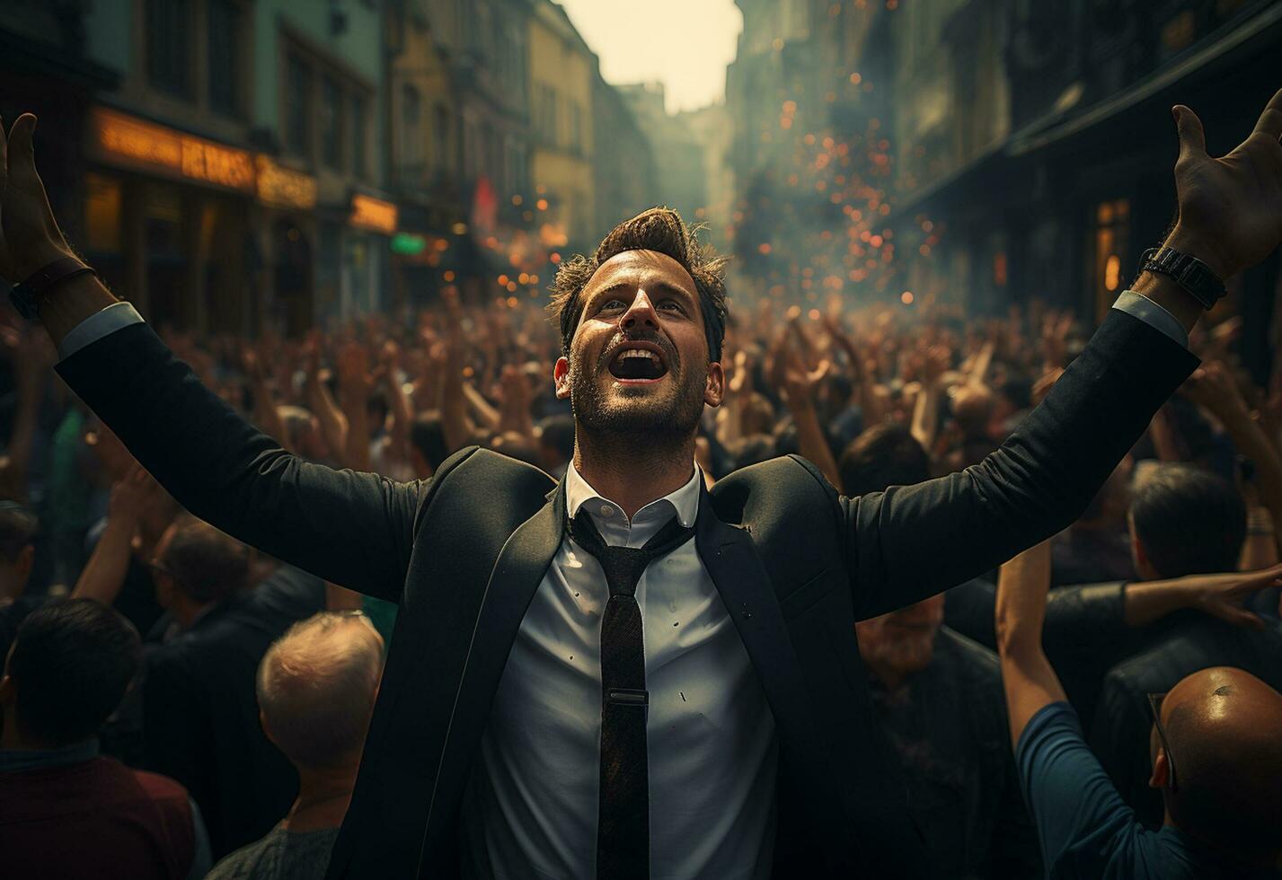 Ai Genetative man in a suit is celebrating success in the street photo
