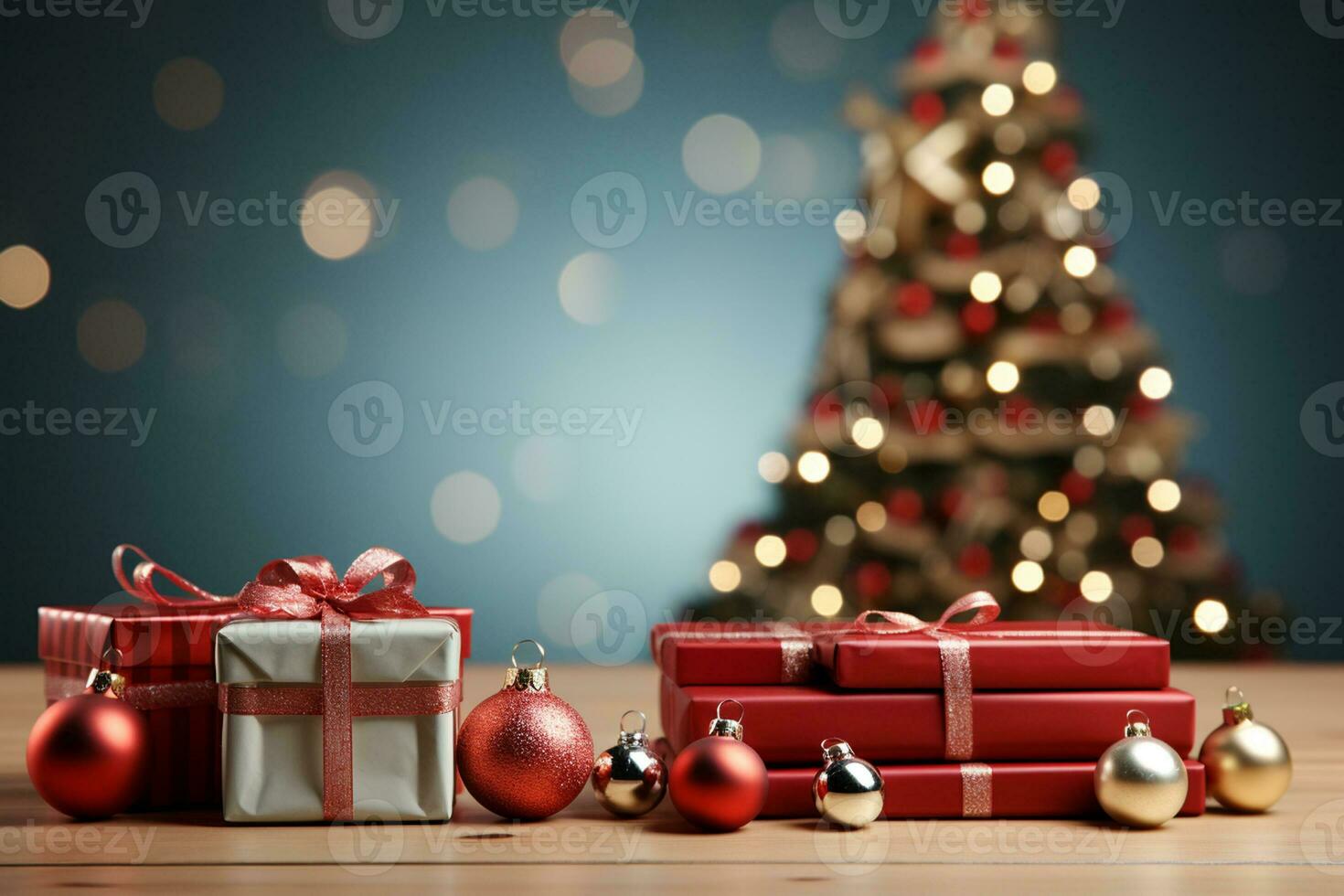 Ai Generative Background of christmas tree and red gift box on a christmas empty background with copy space photo