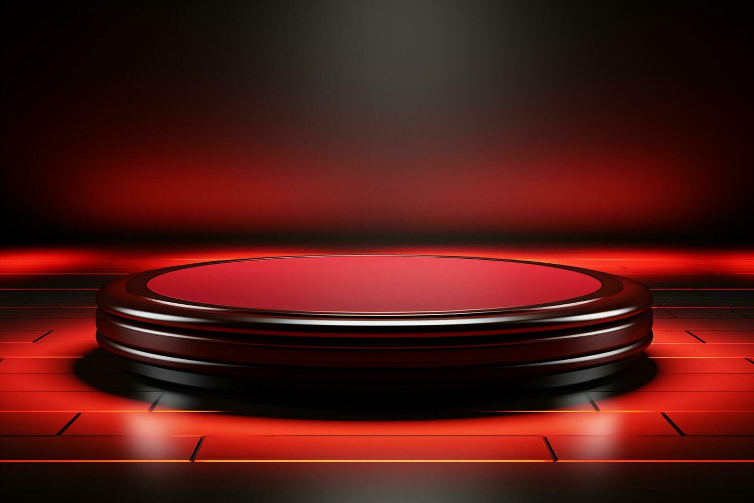 Ai Generated photo red light round podium and black background for mock up realistic image