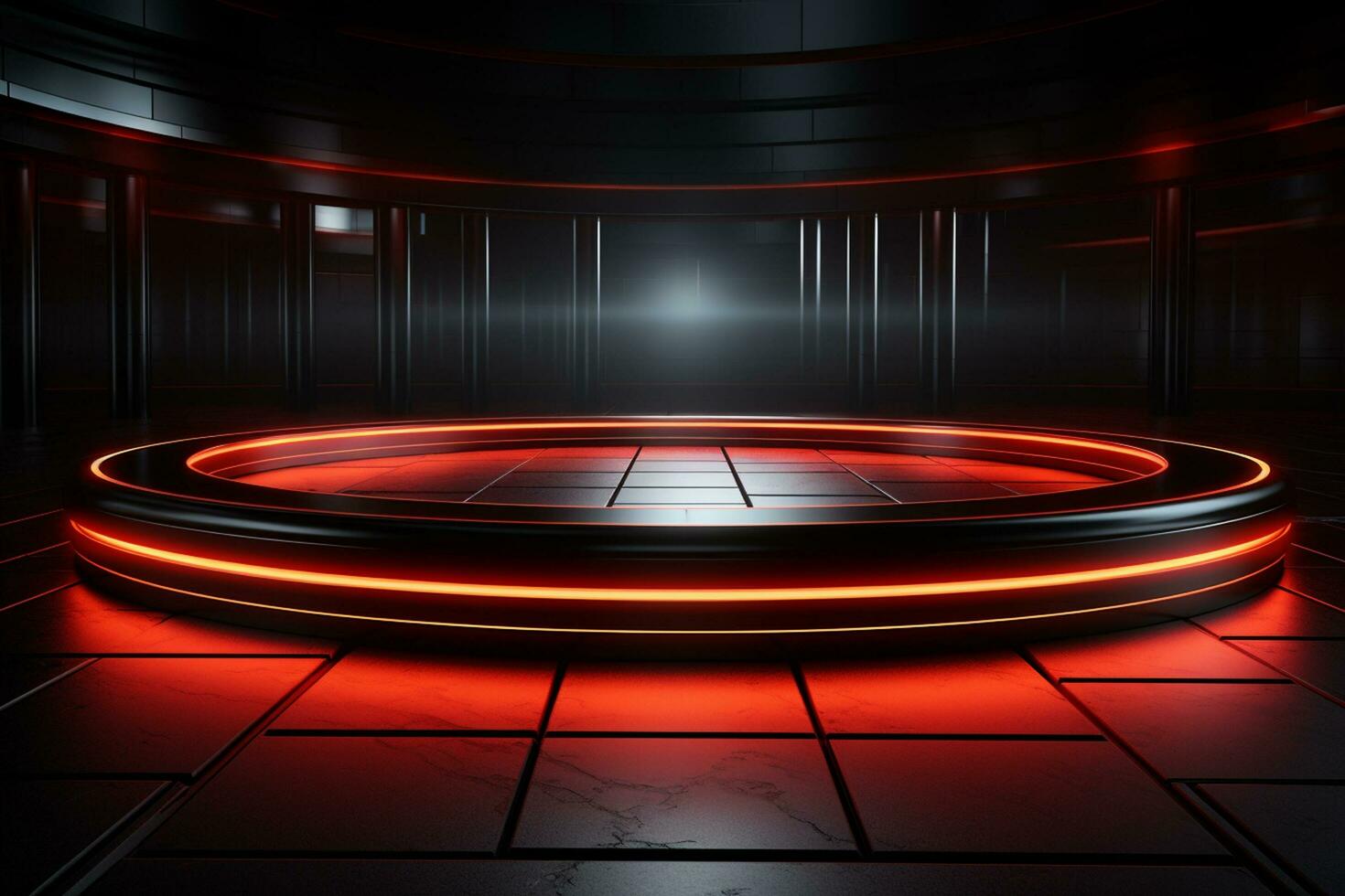 Ai Generated photo red light round podium and black background for mock up realistic image