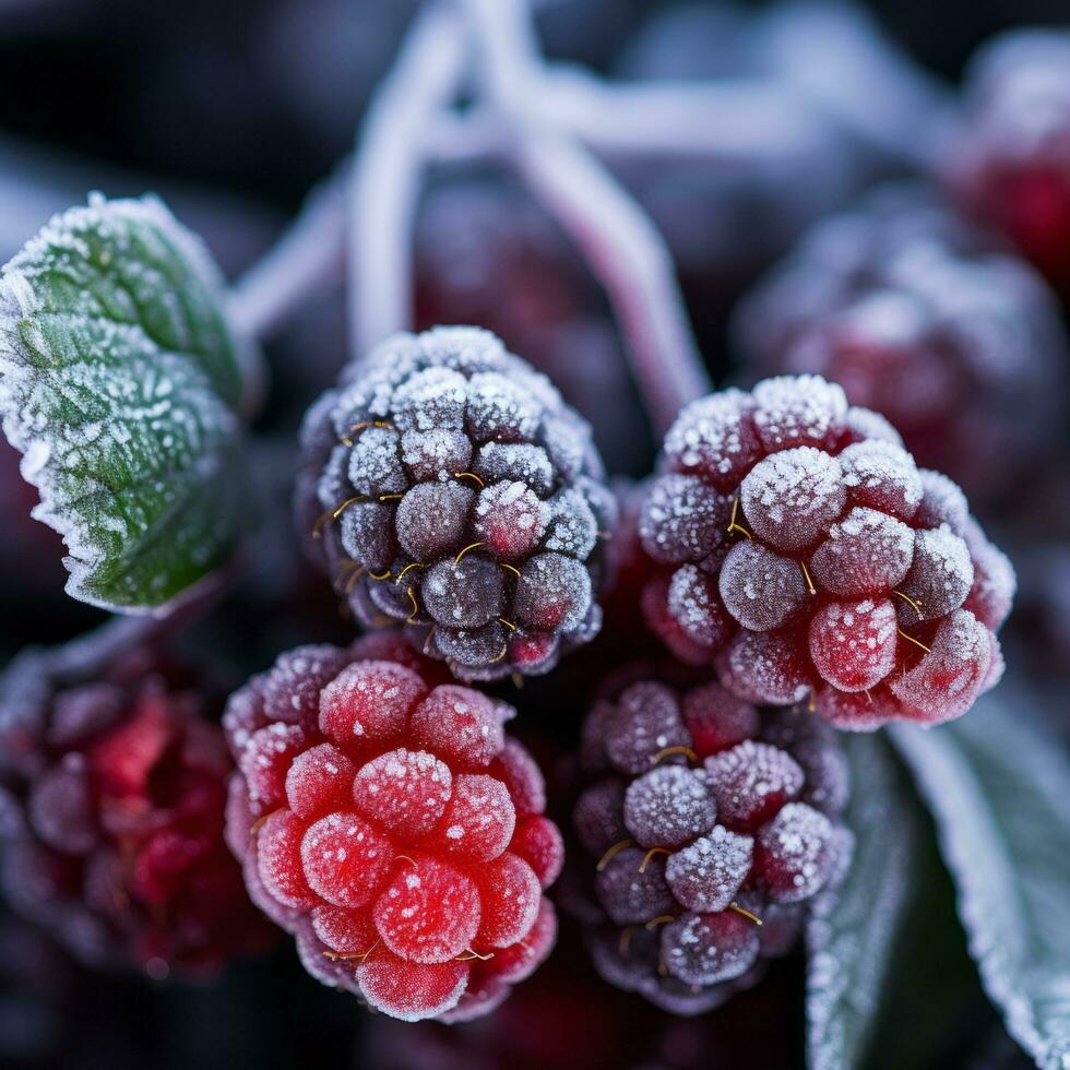 Frozen berries, raspberries, and blackberries - AI generated photo
