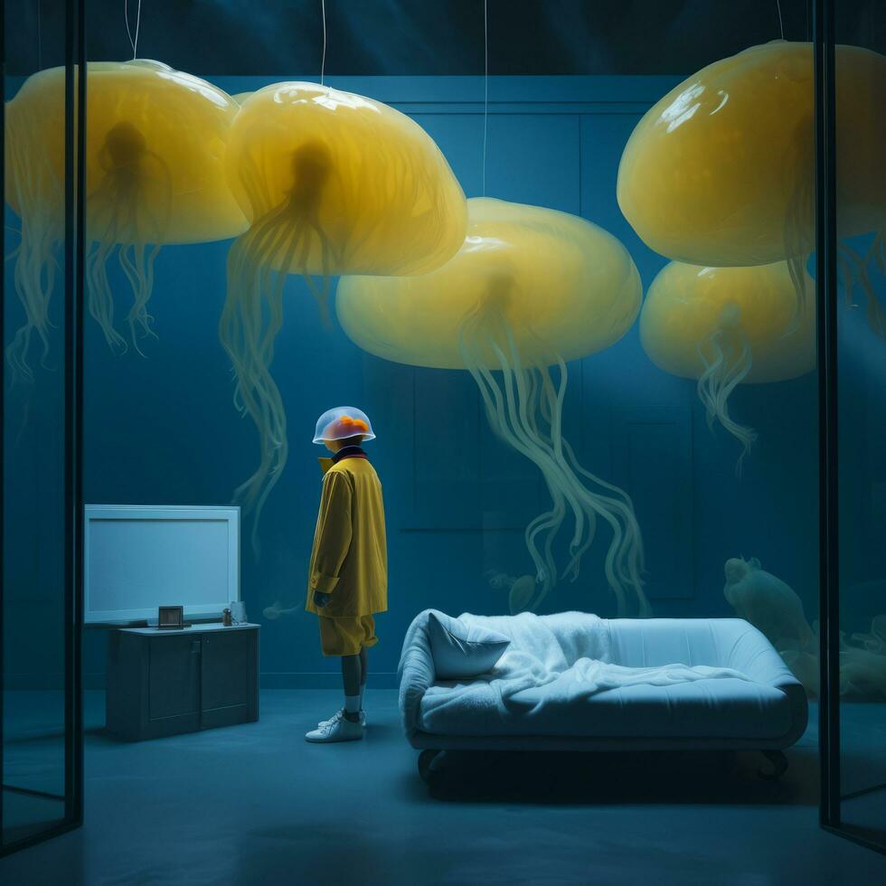 Boy in yellow shorts and yellow coat stands in room with blue walls. Conceptual image. Jellyfishes hang from above. Boy's head is also shaped like a jellyfish. - AI generated photo