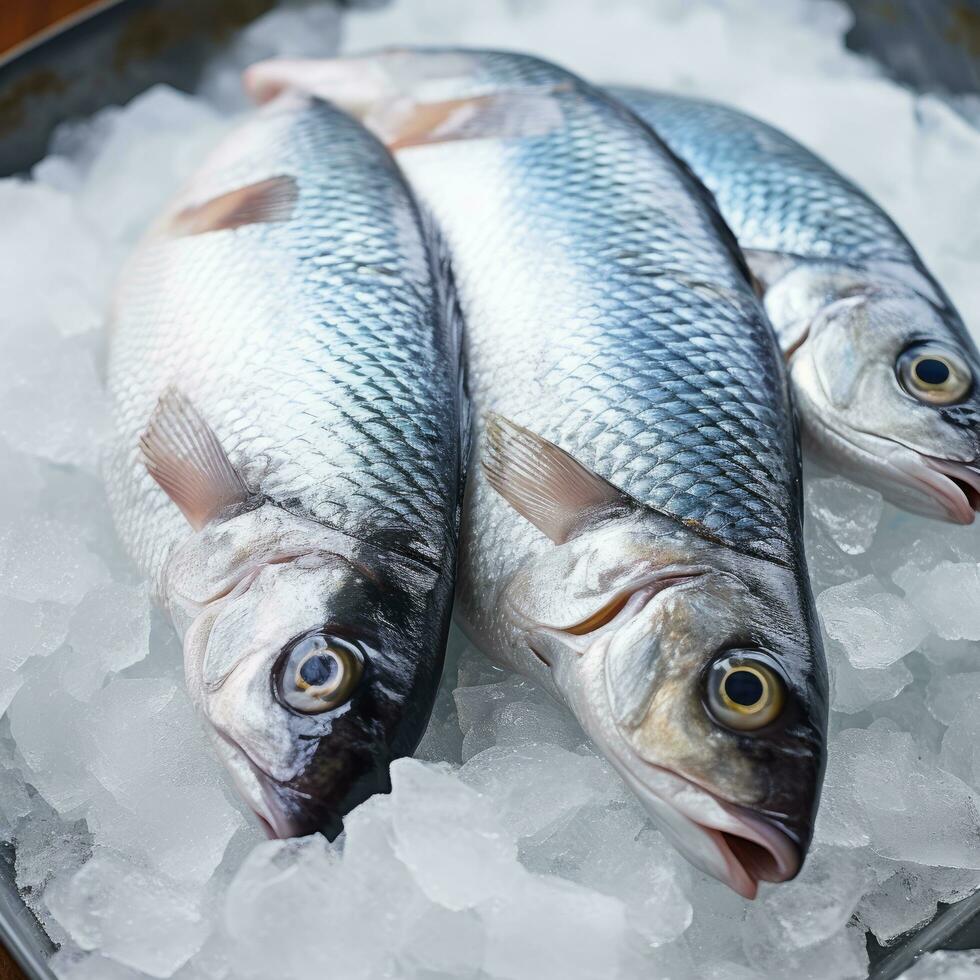 Close-Up  Three Fish in Ice-Filled Box at Market - AI generated photo