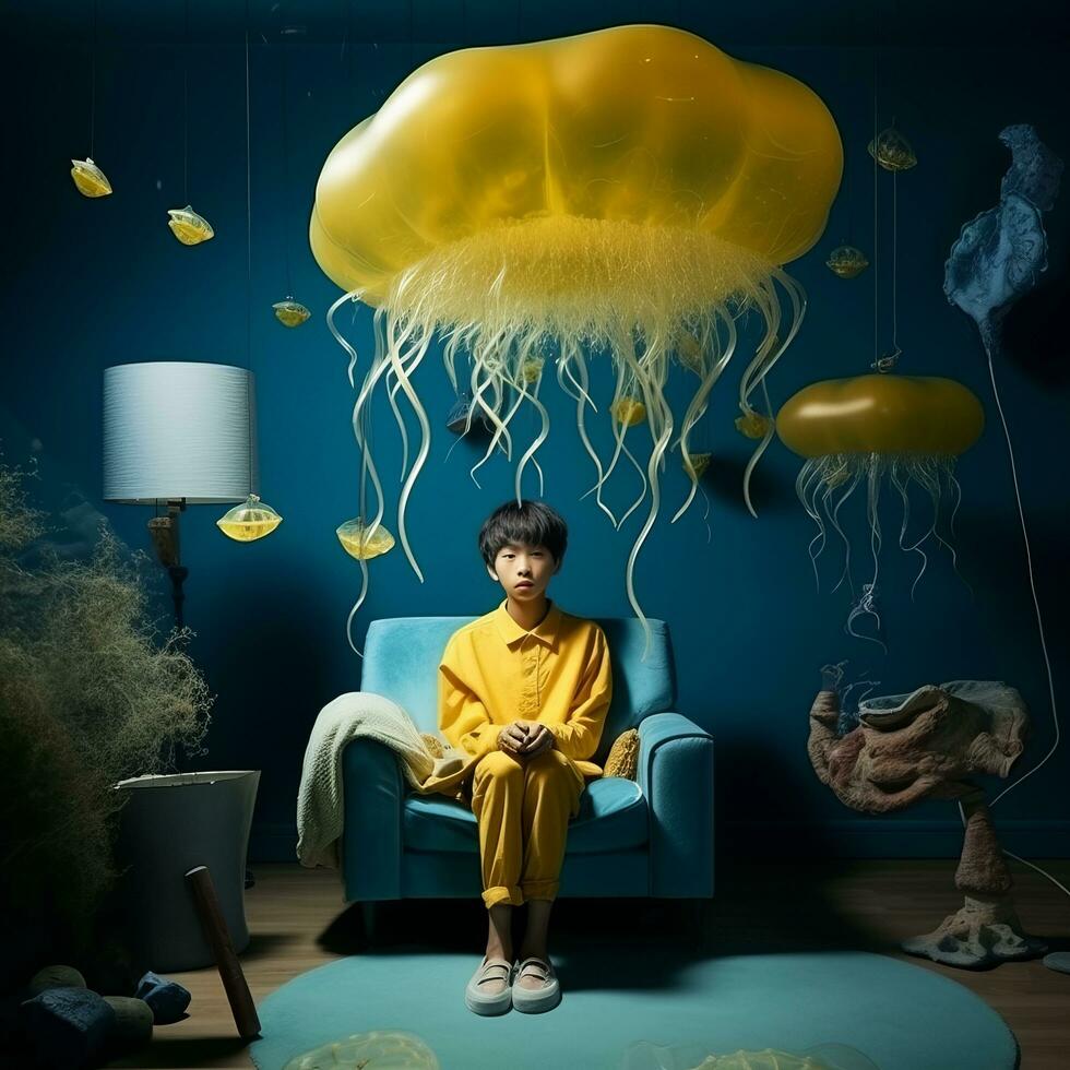 Boy-Chinese in yellow clothes sitting on a chair. A large yellow jellyfish hangs from above. Dark blue walls. Bright, contrasting, conceptual image. - AI generated photo