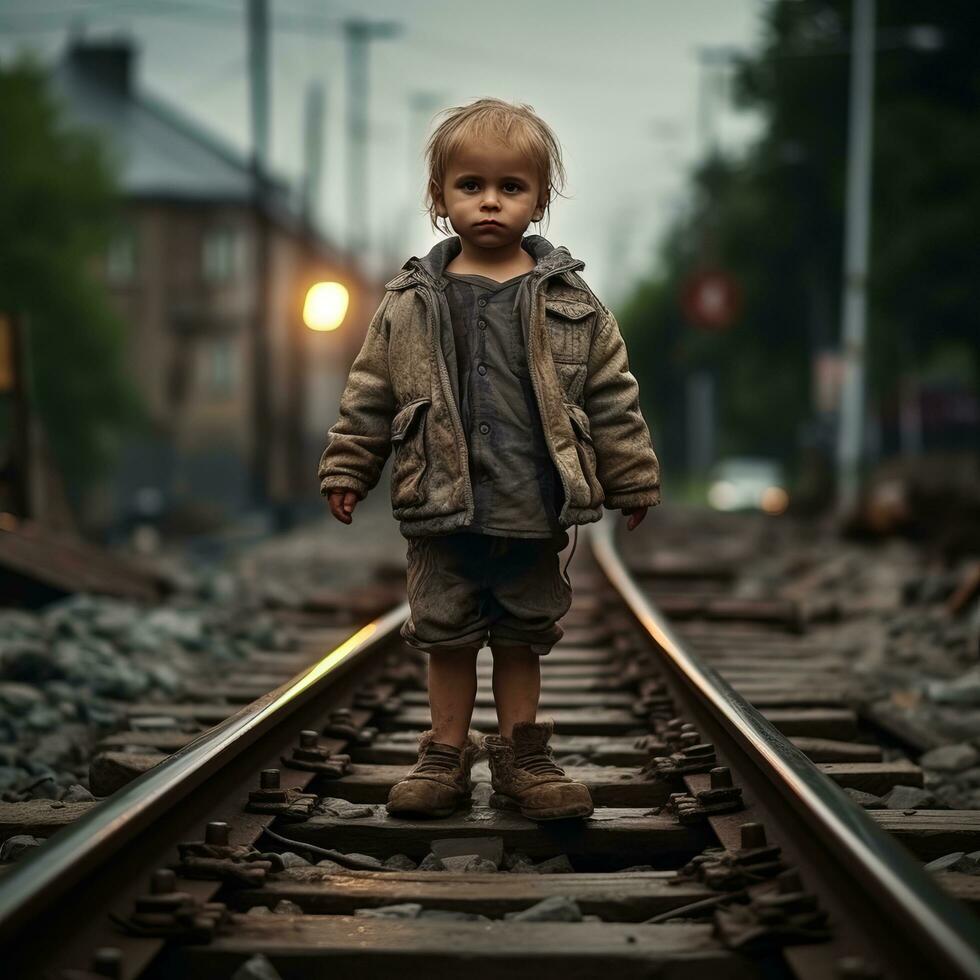 Boy on railway tracks - AI generated photo