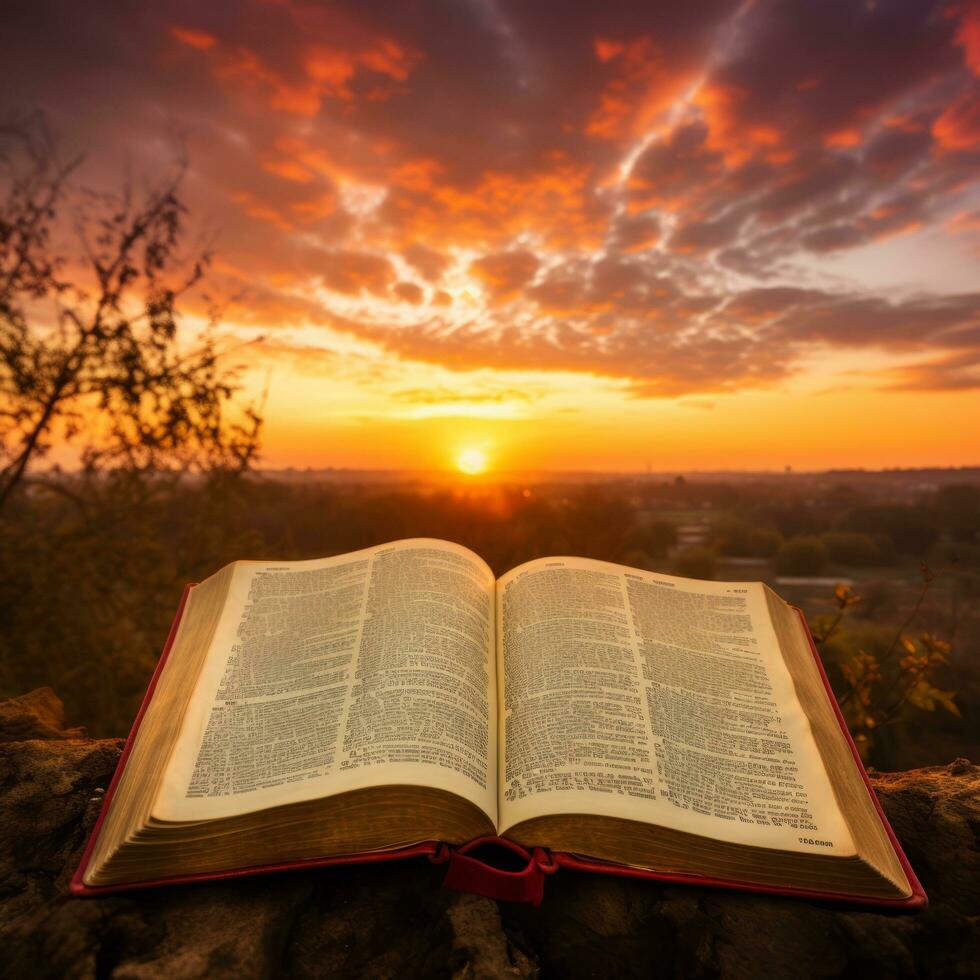 Open Bible on weathered rock - AI generated photo