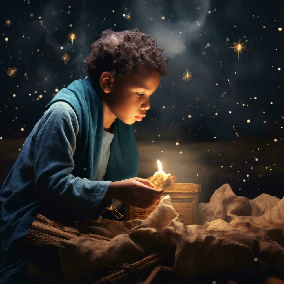 Boy Lighting Candle Nativity - AI generated photo