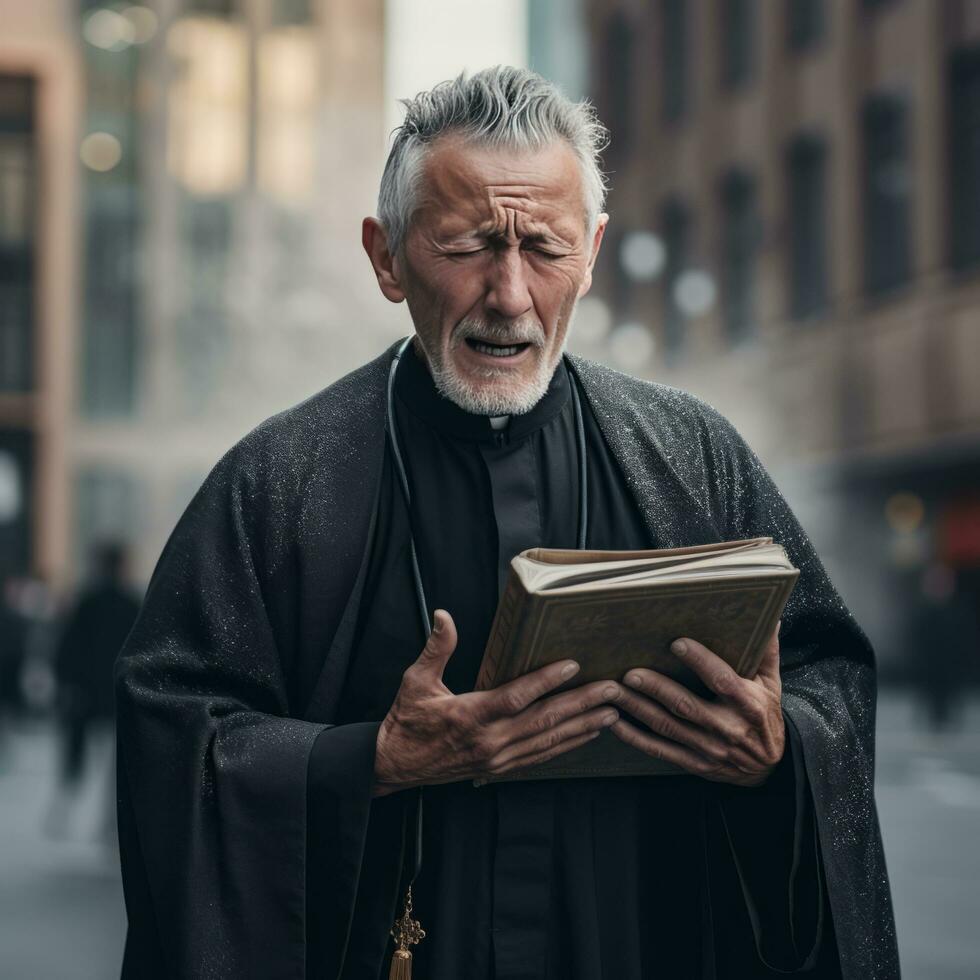 Monk with Bible on city street - AI generated photo