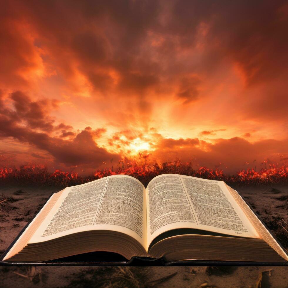 Open Bible in deserted field - AI generated photo