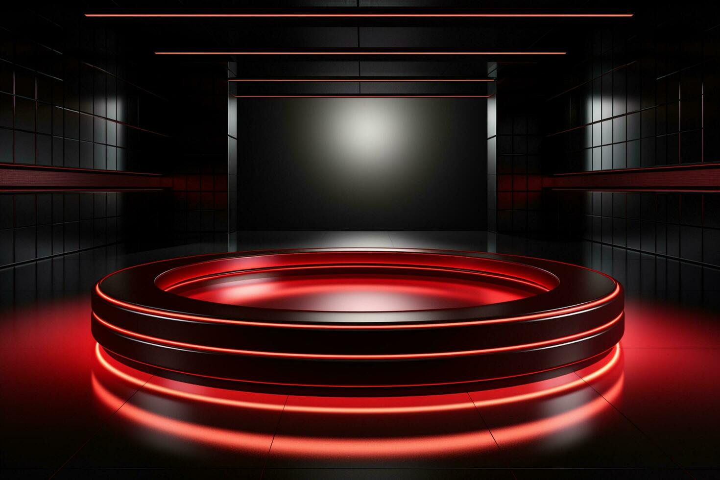 Ai Generated photo red light round podium and black background for mock up realistic image