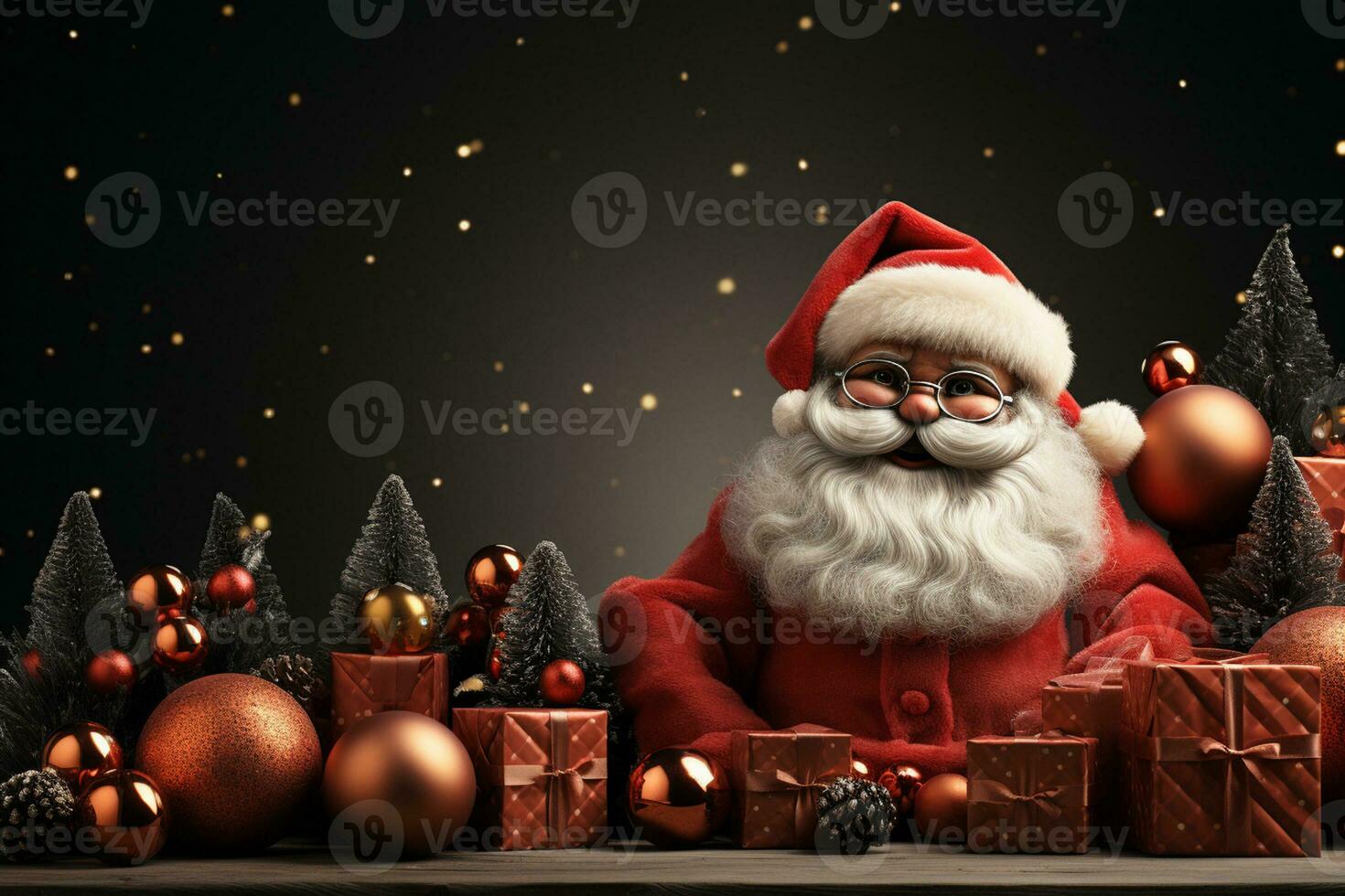 Ai Generative Christmas banner with copy space for text, santa claus celebrate with giftboxes, fir tree branches and red ornaments, dark color background photo