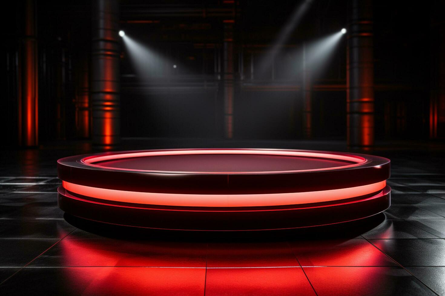 Ai Generated photo red light round podium and black background for mock up realistic image