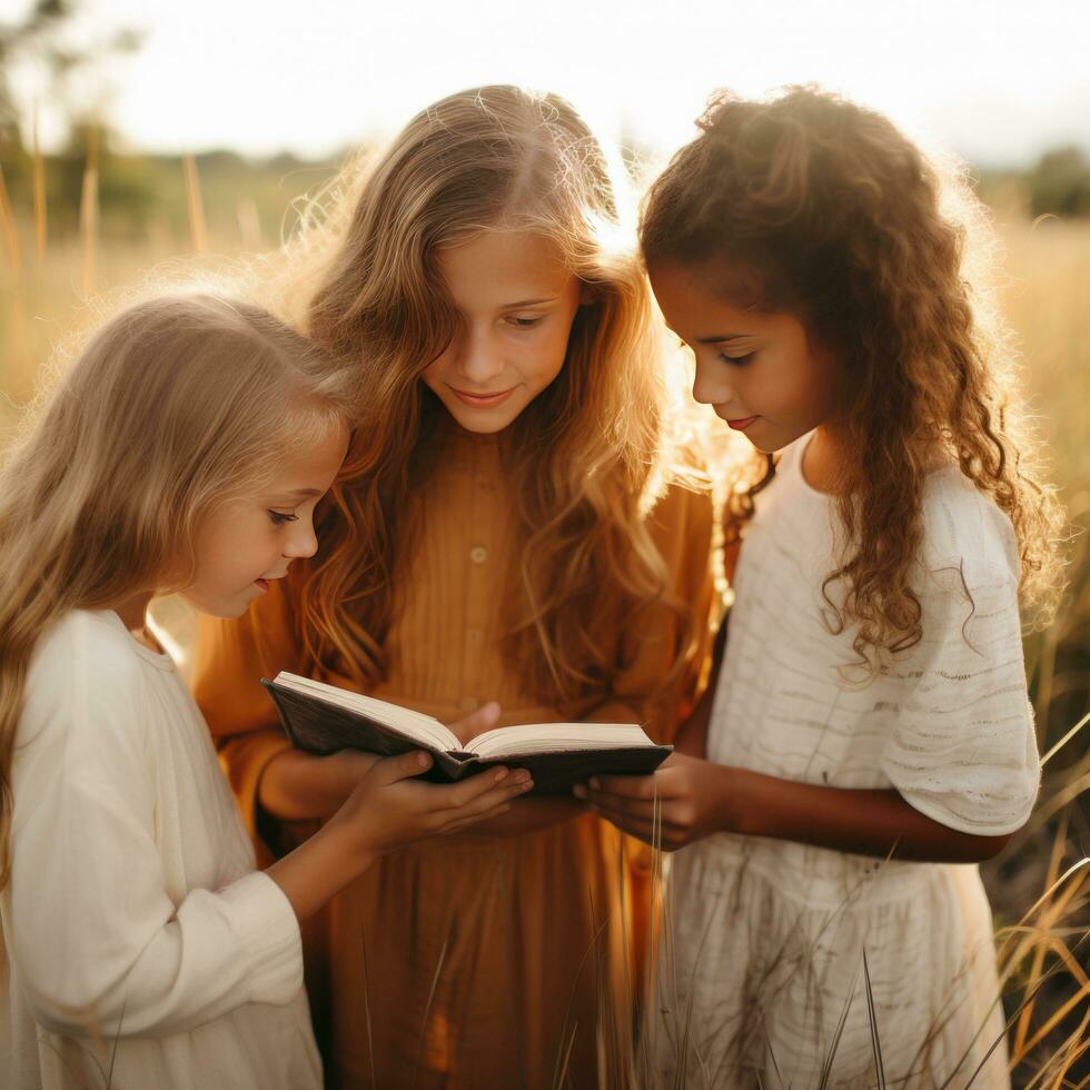 Girls reading the Bible - AI generated photo