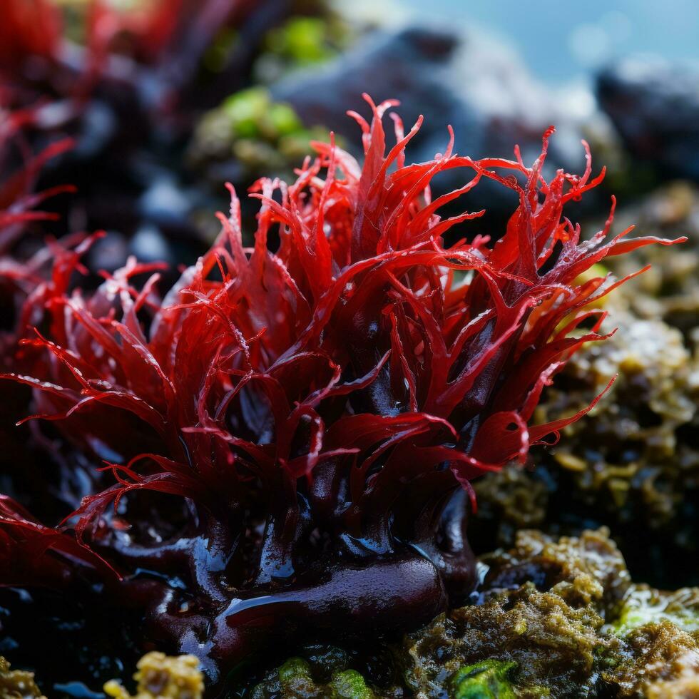 Red seaweed on weathered rock - AI generated photo