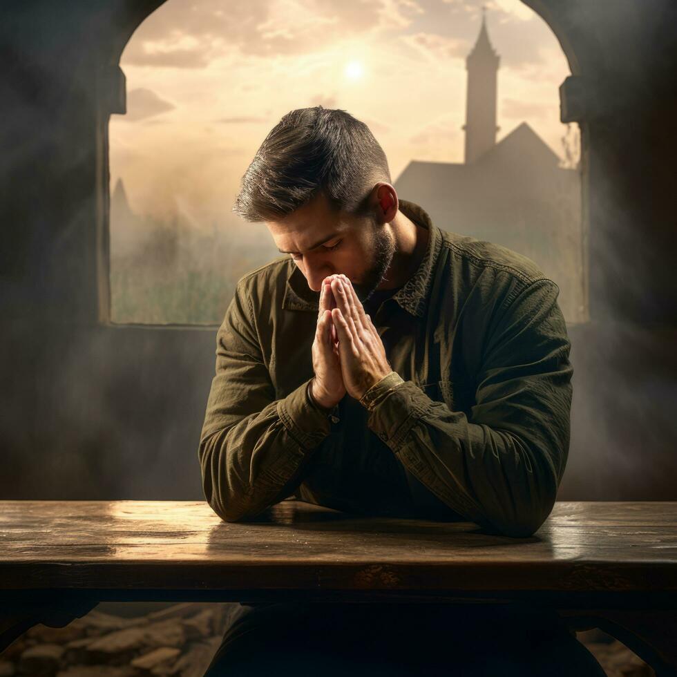 Young Man in Silent Prayer in Church - AI generated photo