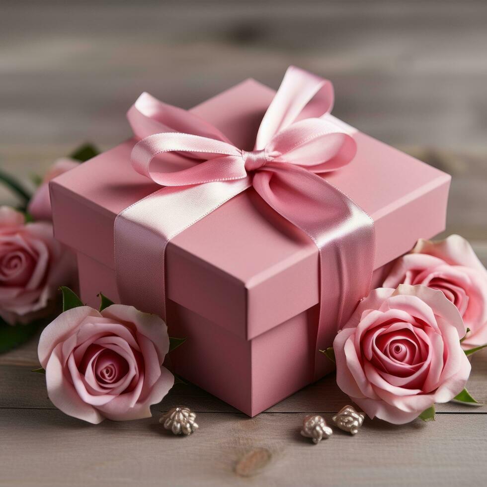 Pink roses gift box - AI generated photo