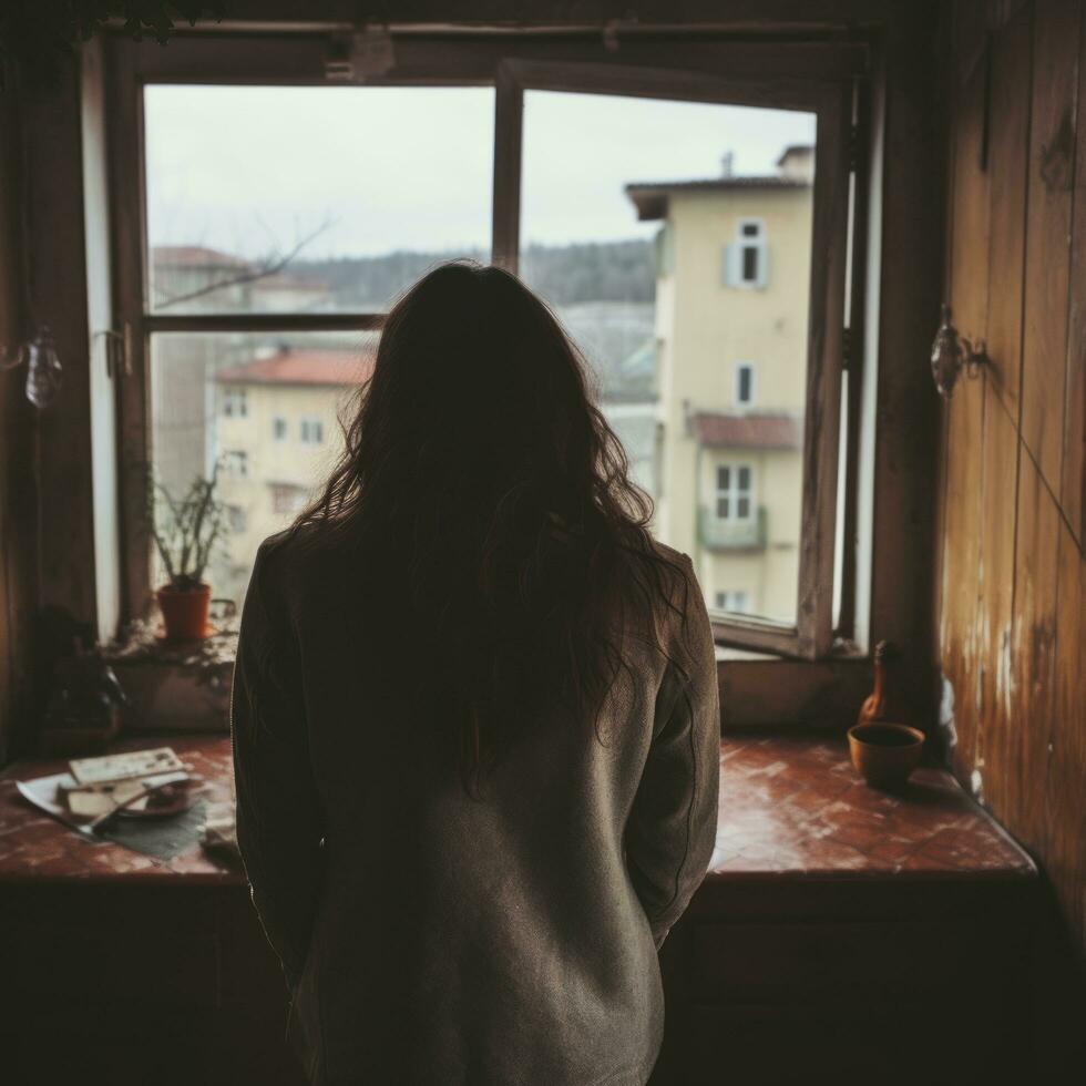 Lonely woman gazing outside - AI generated photo