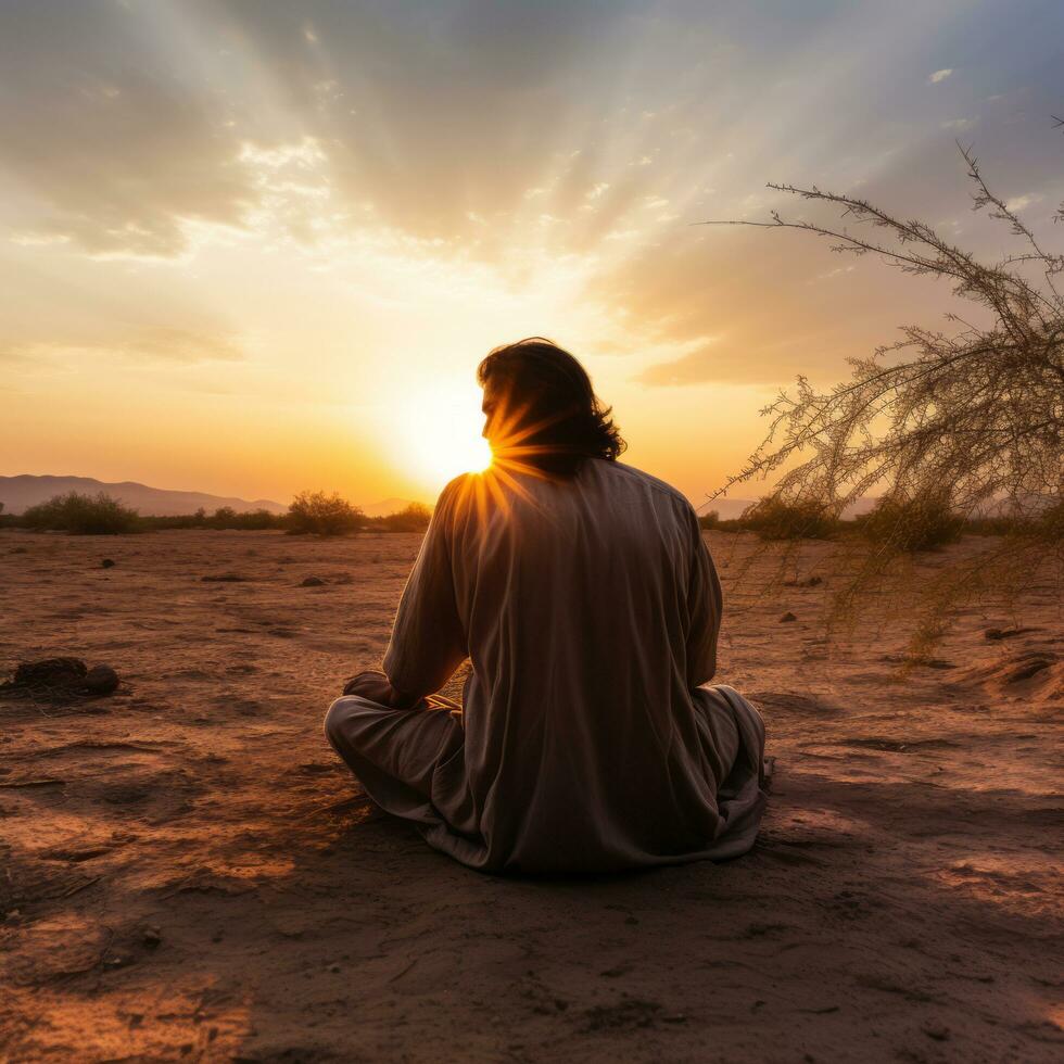 Man praying in desert - AI generated photo