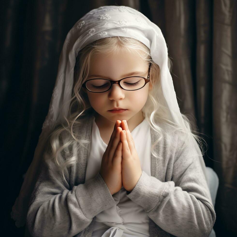 niña con lentes Orando - ai generado foto