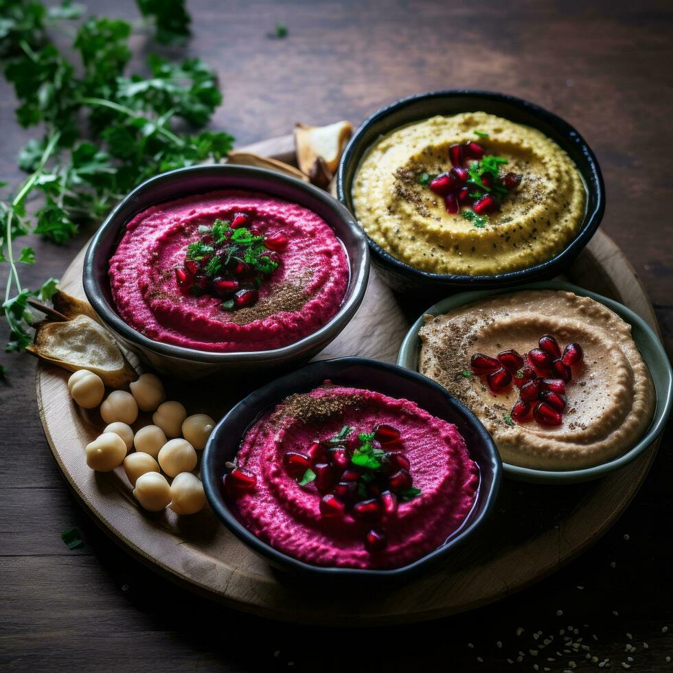 maravilloso 9 9 mm lente capturas Tres tipos de hermosa hummus tazas - ai generado foto