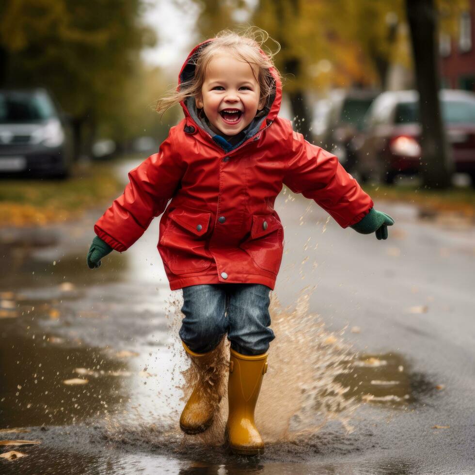 Happy Child Splashing in Puddles - AI generated photo