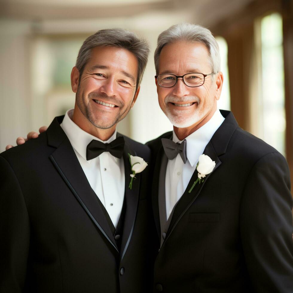 sonriente mayor Pareja Boda - ai generado foto