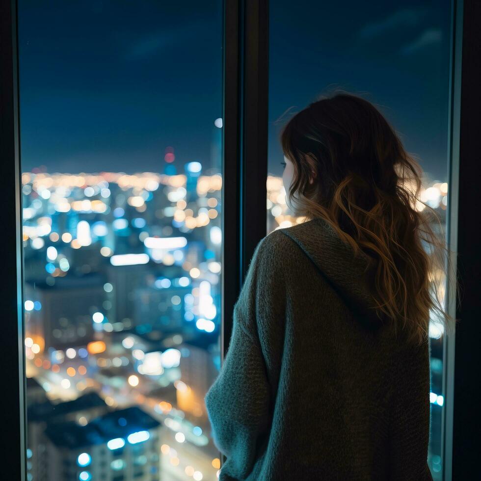 Woman observing city lights - AI generated photo