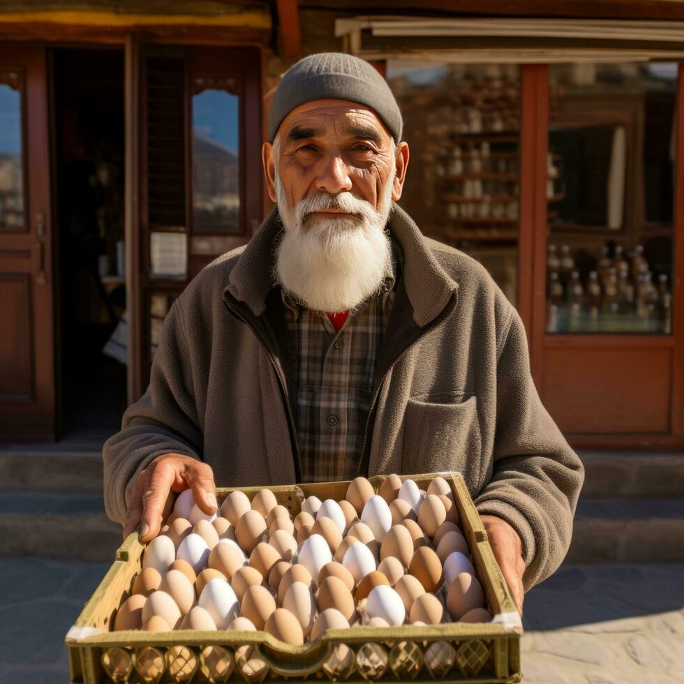 Español hombre de venta huevos - ai generado foto