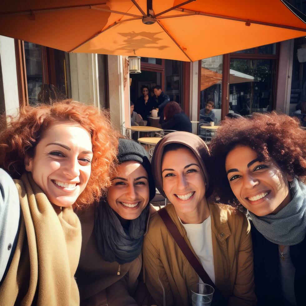 Friends at street cafe - AI generated photo