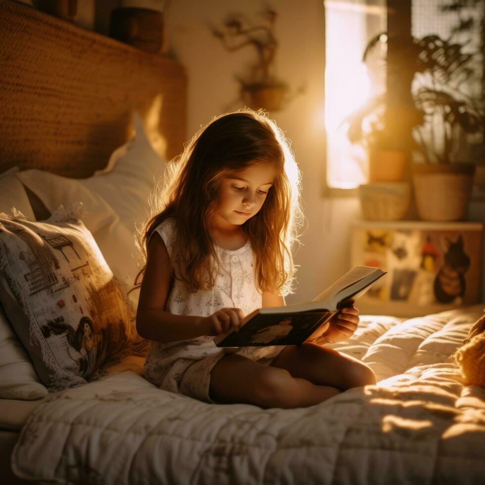 Young girl reading book - AI generated photo